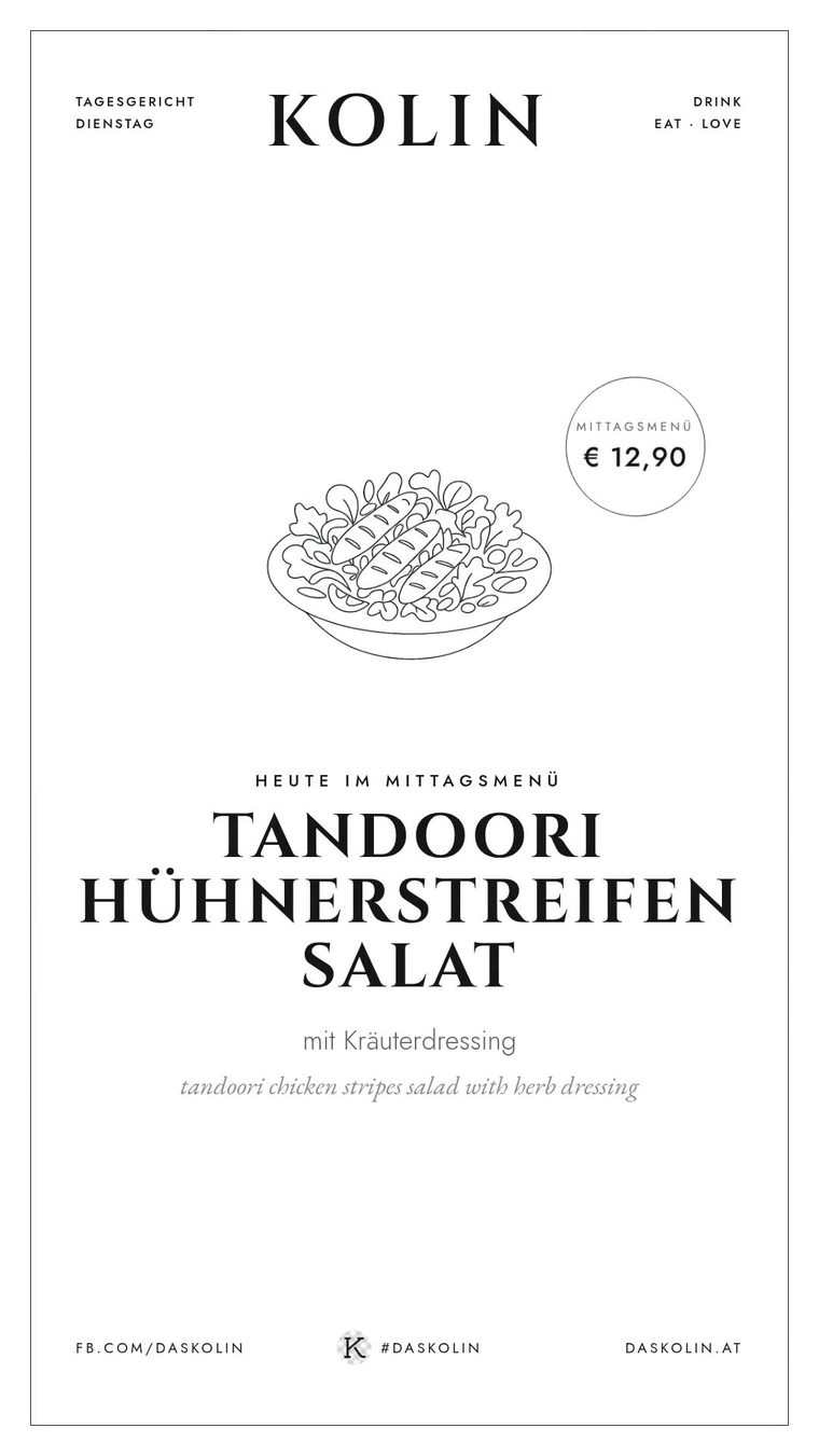 Schwarzweiße Grafik: gezeichnete Salatschüssel, eingekreister Preis und großer Serif-Titel Tandoori Hühnerstreifen Salat.