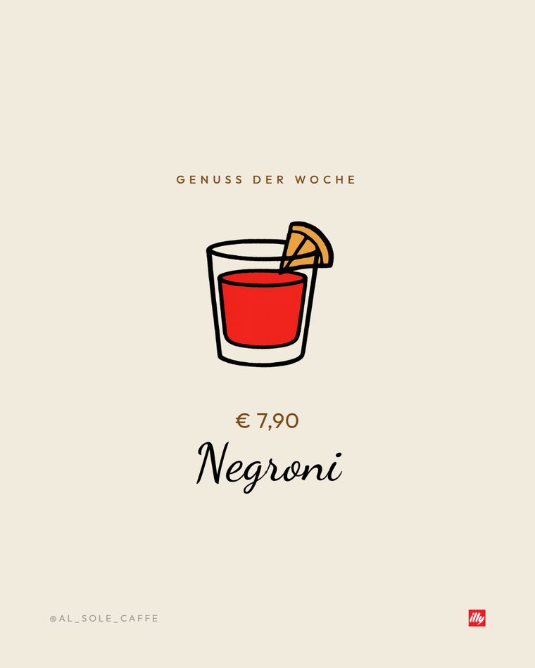 Gezeichnetes Glas mit Orangenscheibe auf cremefarbenem Grund, darunter Preis und der Schriftzug Negroni in Schreibschrift.